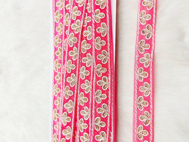Wholesale Cerise Pink Net Lace Floral Embroidery & Glitter Gold Sequins, Indian Wedding Border, Gifting Ribbon Costume Trim Fashion Trimming
